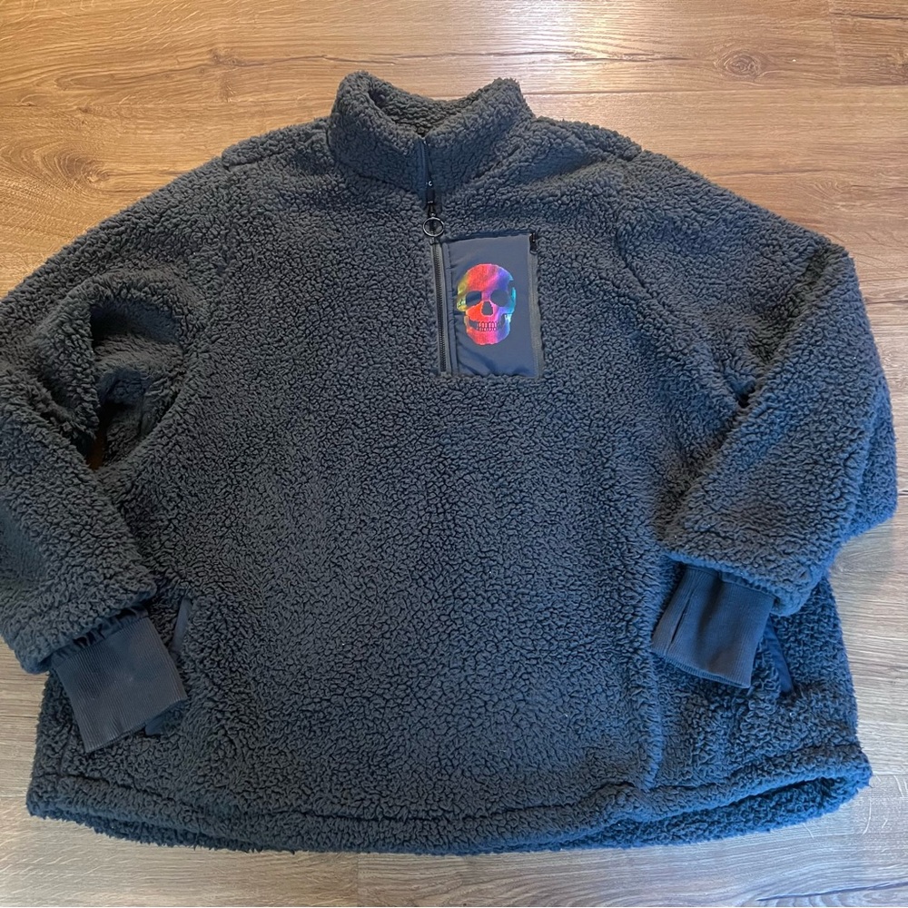 TORRID Jacket Sherpa Quarter Zip Active Dark Gray Sweatshirt Foil Skull